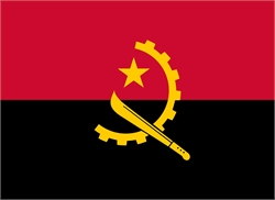 [ai] The national flag of Angola, featuring three horizontal stripes: red on the top, yellow in the middle with a gear, machete, and star symbol, and black on the bottom.